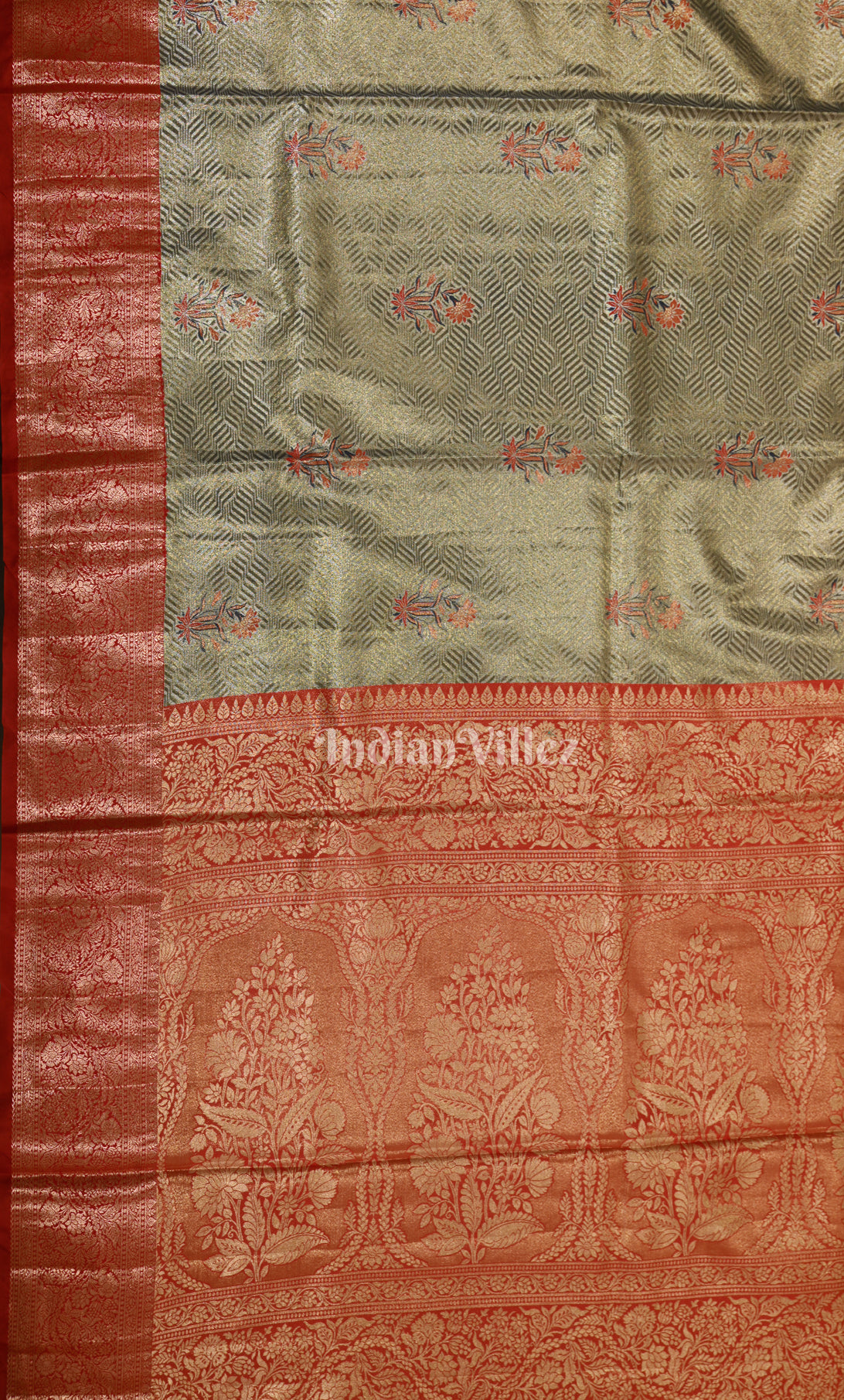 Moss Green Red Pure Kanjivaram Tissue Silk Saree 