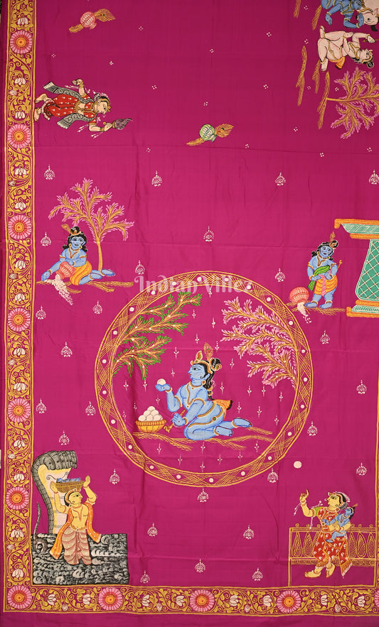 Rani Pink Krishna Janmashtami Theme Pattachitra Saree 