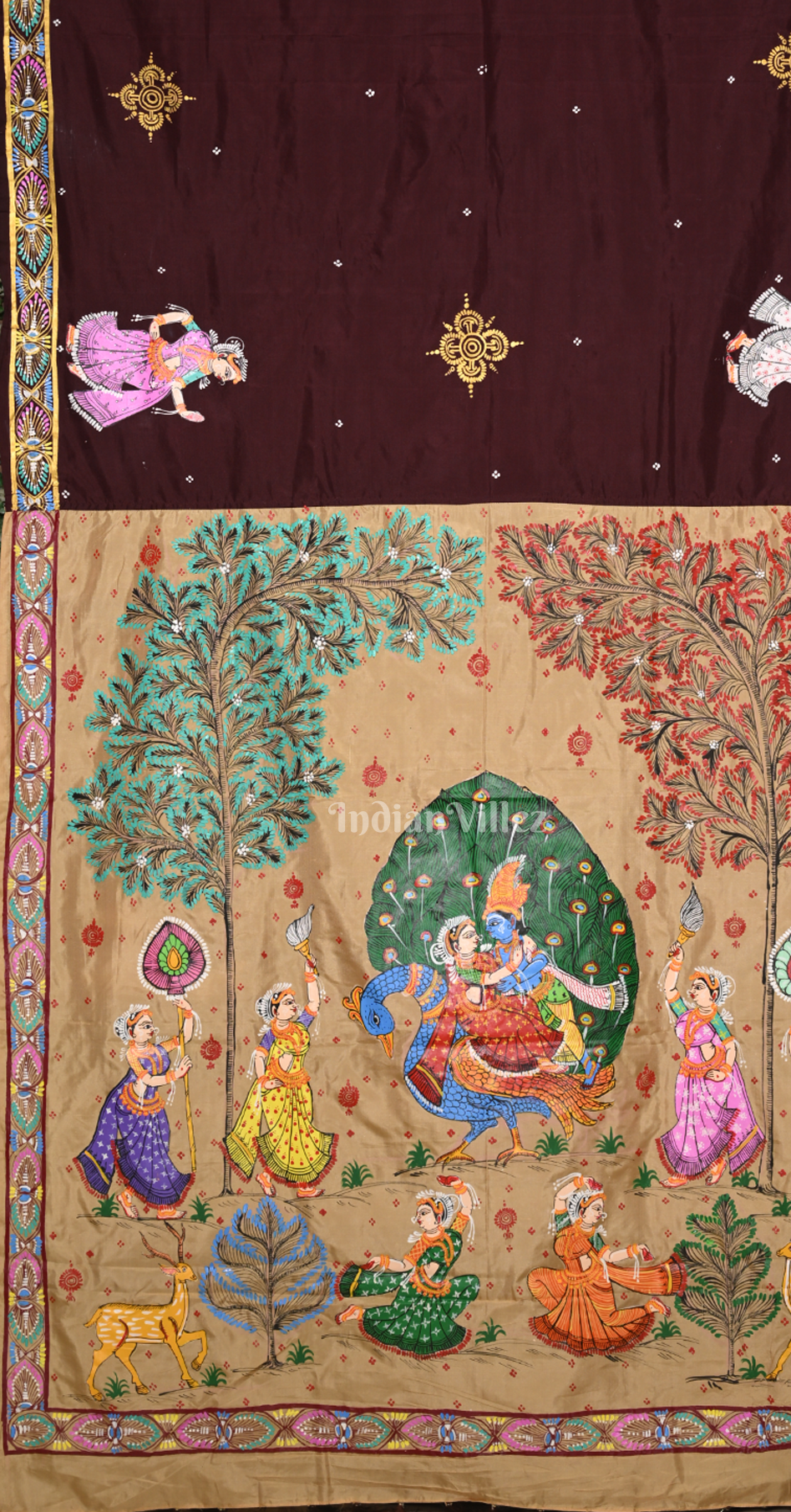 Coffee Beige Peacock (Mayur) & Nartaki Theme  Hand-Painted Pattachitra Saree