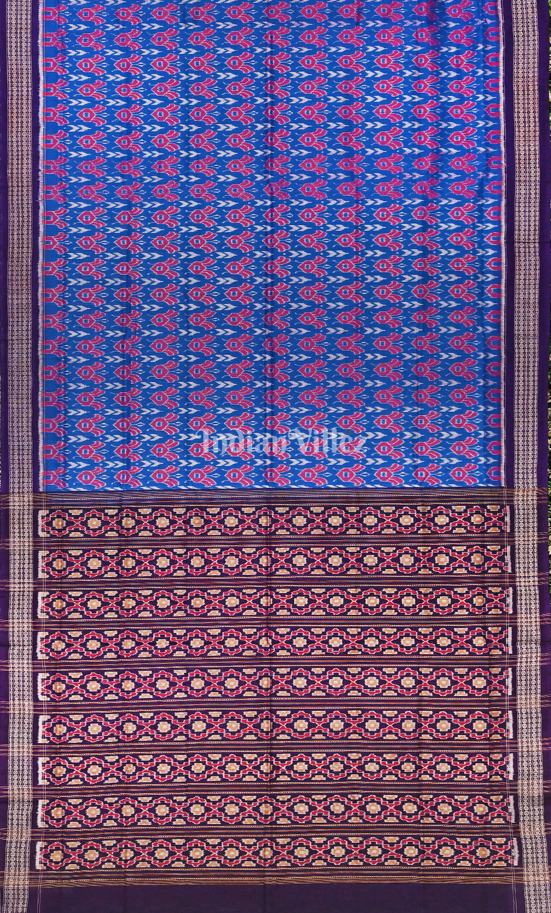 Blue Purple Flower Motif Odisha Ikat Sambalpuri Cotton Saree 