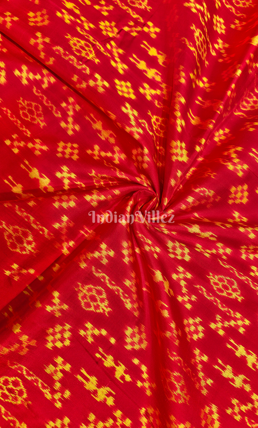 Exclusive Red Yellow Tribal Motif Odisha Ikat Sambalpuri Silk Fabric