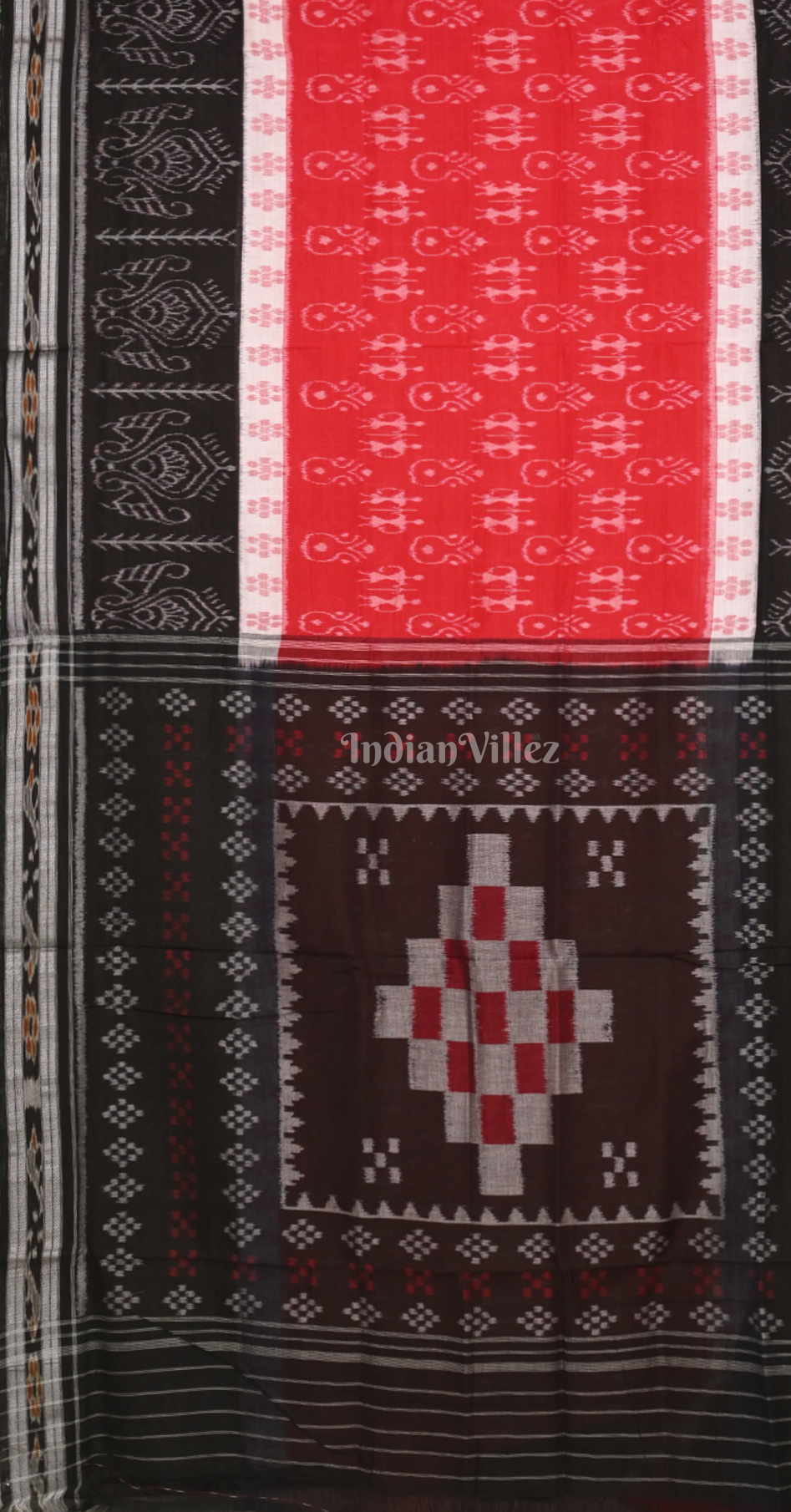Red Black Tribal Theme Odisha Ikat Sambalpuri Cotton Saree with Pasapali Anchal
