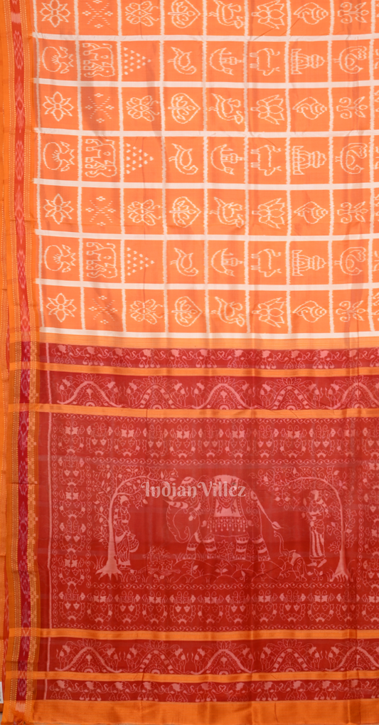 Orange Red Nabakothi Odisha Ikat Khandua Silk Saree with Elephant Anchal