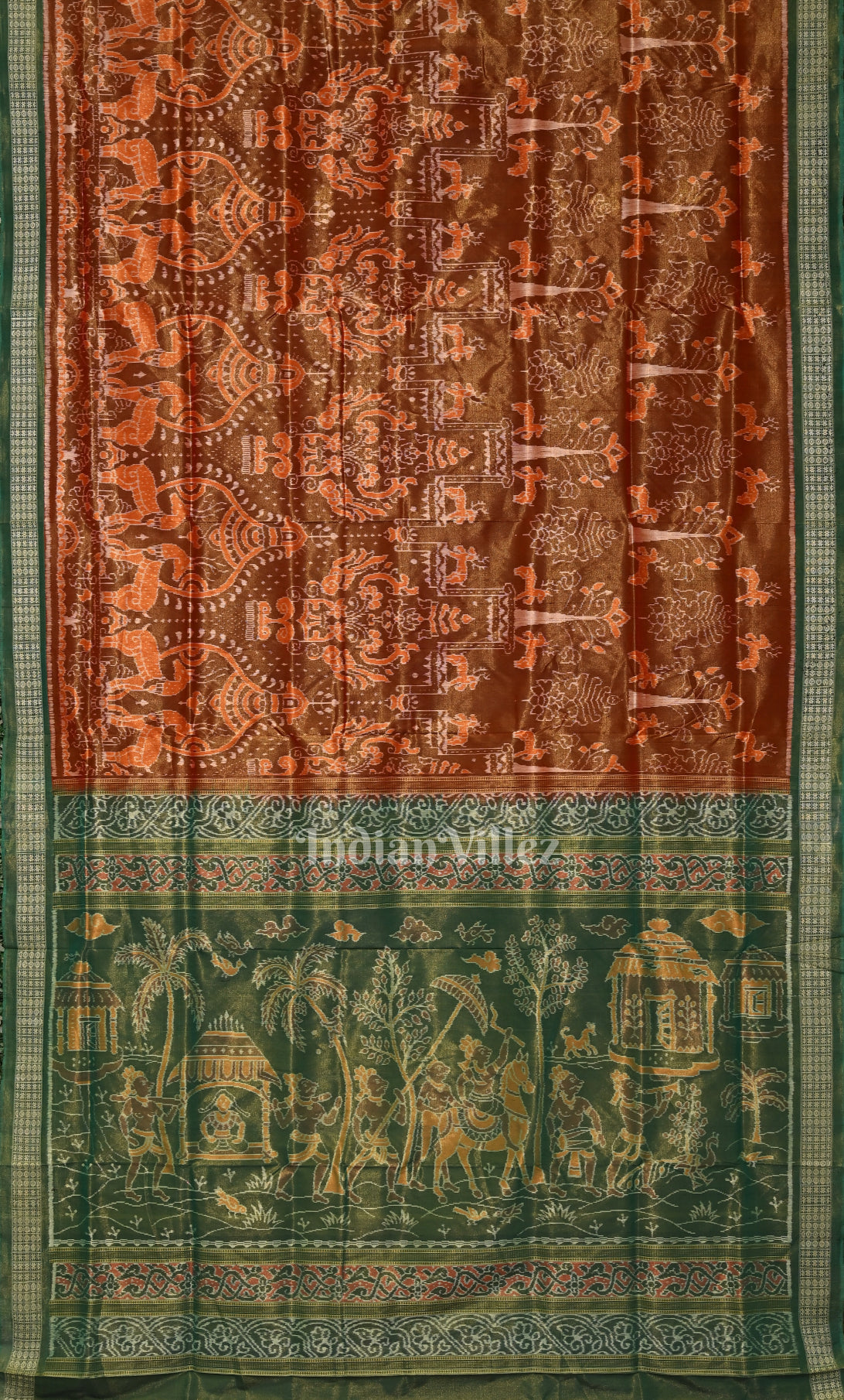 Maroon Green Tribal Diwali Theme Sambalpuri Tissue Silk Saree