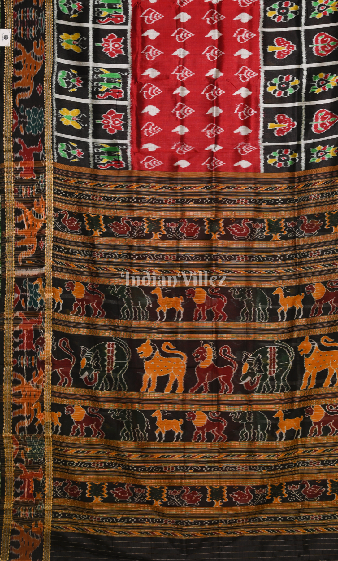 Red Black Sankha Motif  Half Nabakothi Border Odisha  Ikat Khadua Silk Saree