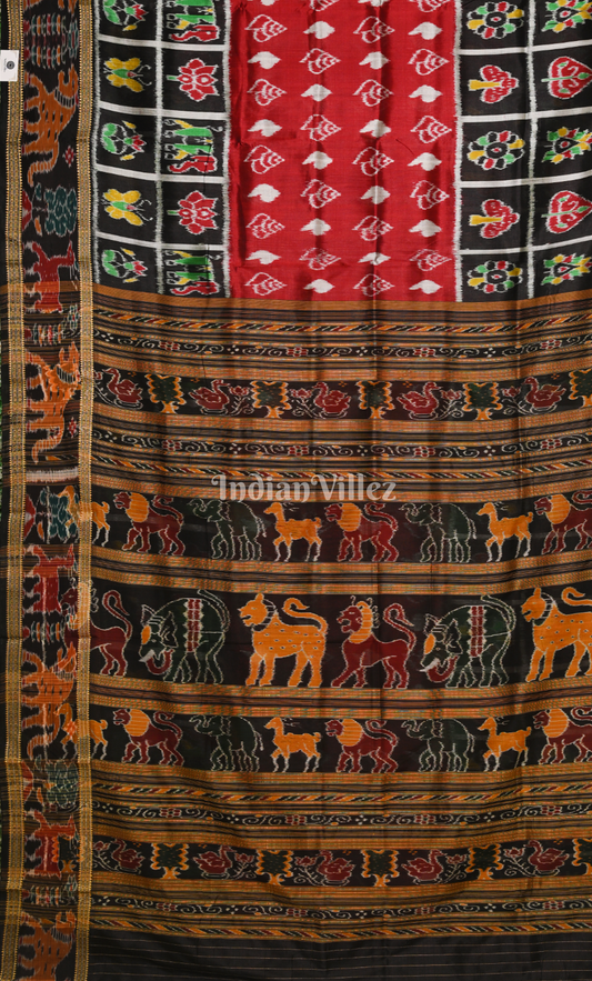 Red Black Sankha Motif  Half Nabakothi Border Odisha  Ikat Khadua Silk Saree