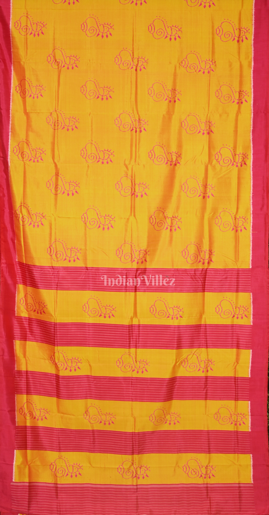Mustard Yellow Pink Sankha Motif Contemporary Designer Silk Saree