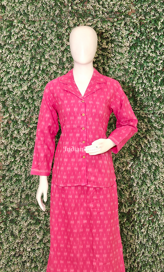Rani Pink Pochampally Cotton Kurti Set with Skirt
