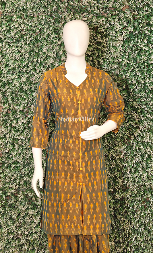 Olive Brown Yellow Pochampally Cotton Kurti Set with Pallazo