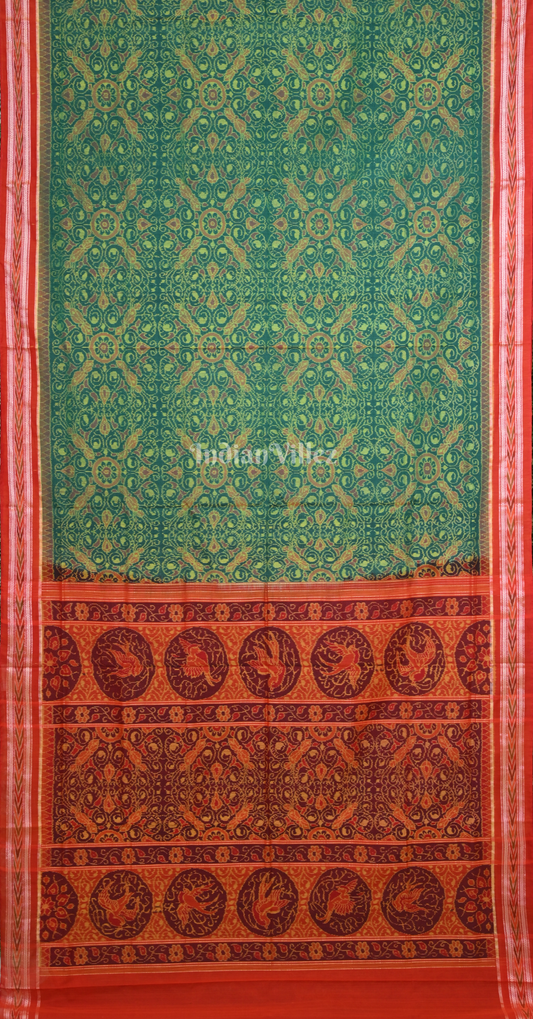 Green Red Floral Motif Odisha Ikat Sambalpuri Cotton Saree