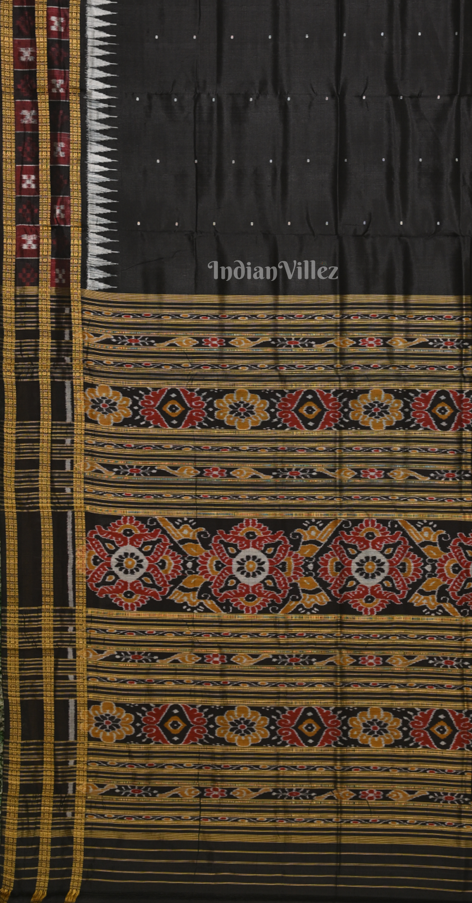 Black Dot Double Border Pasapali Odisha Ikat Khandua Silk Saree 