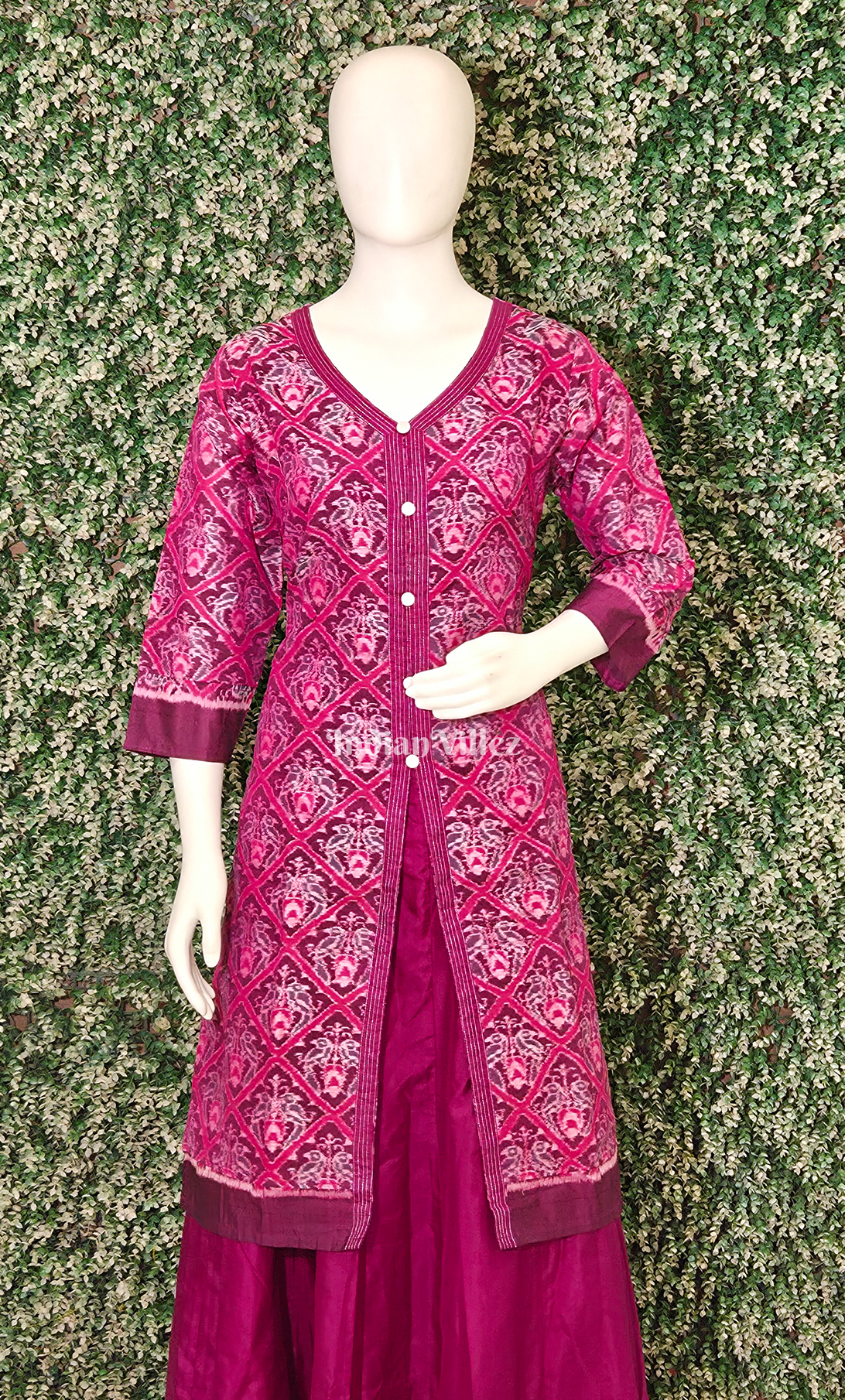 Magenta Pink Floral Design Odsiha Ikat Silk Kurti Set with Skirt 