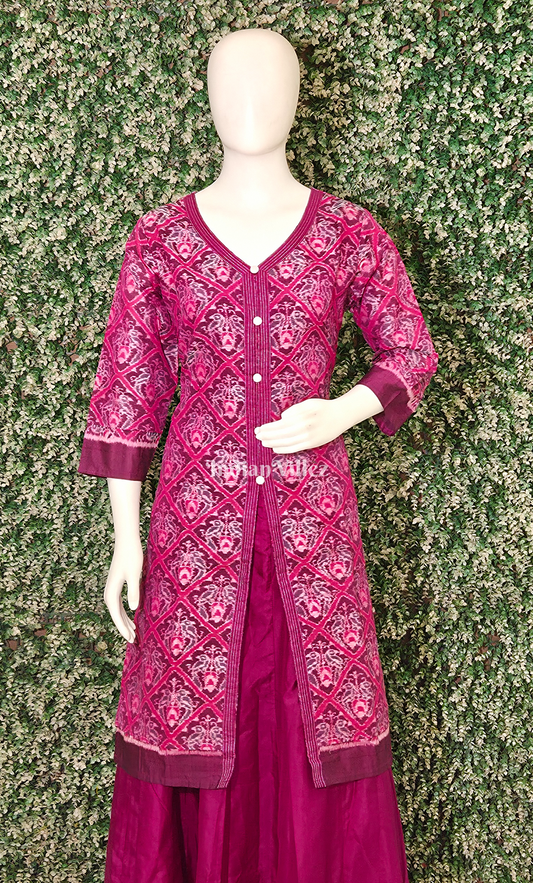 Magenta Pink Floral Design Odsiha Ikat Silk Kurti Set with Skirt 
