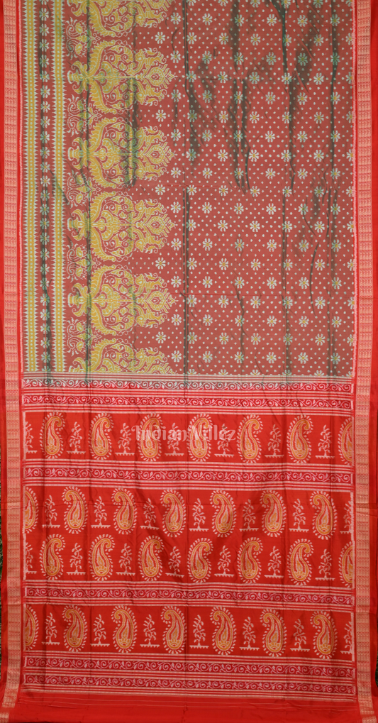 Turquoise Red Tree Scot Odisha Ikat Sambalpuri Silk Saree