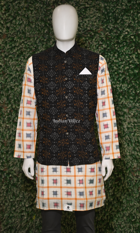 Black Flower Motif Odisha Ikat Half Bandi Jacket for Men