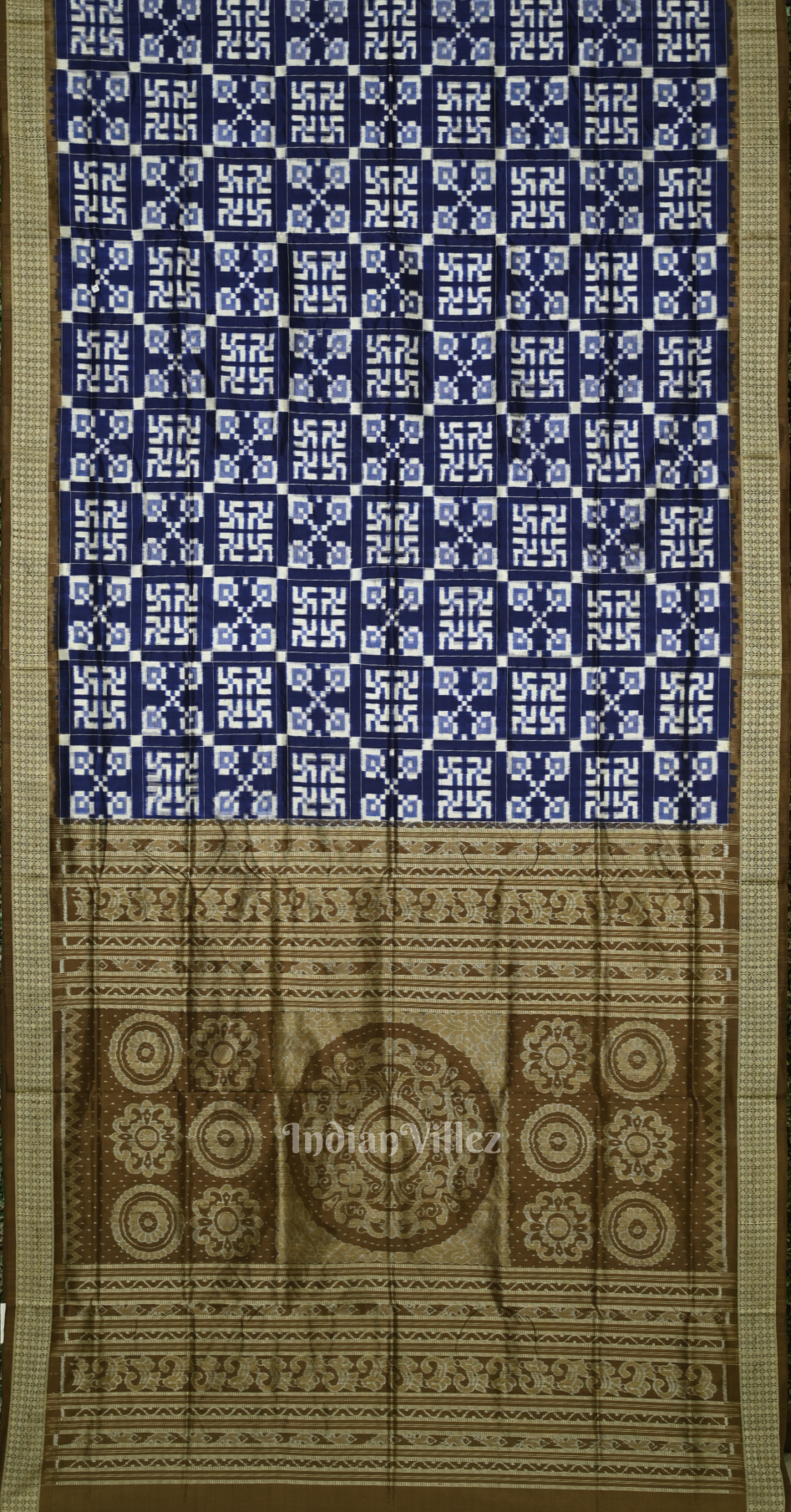 Blue Brown Telia Rumal Theme Odisha Ikat Sambalpuri Silk Saree