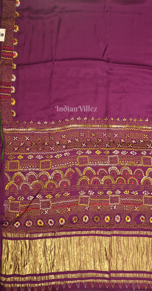 Purple Kutch Embroidery Work Gaji Silk Saree 
