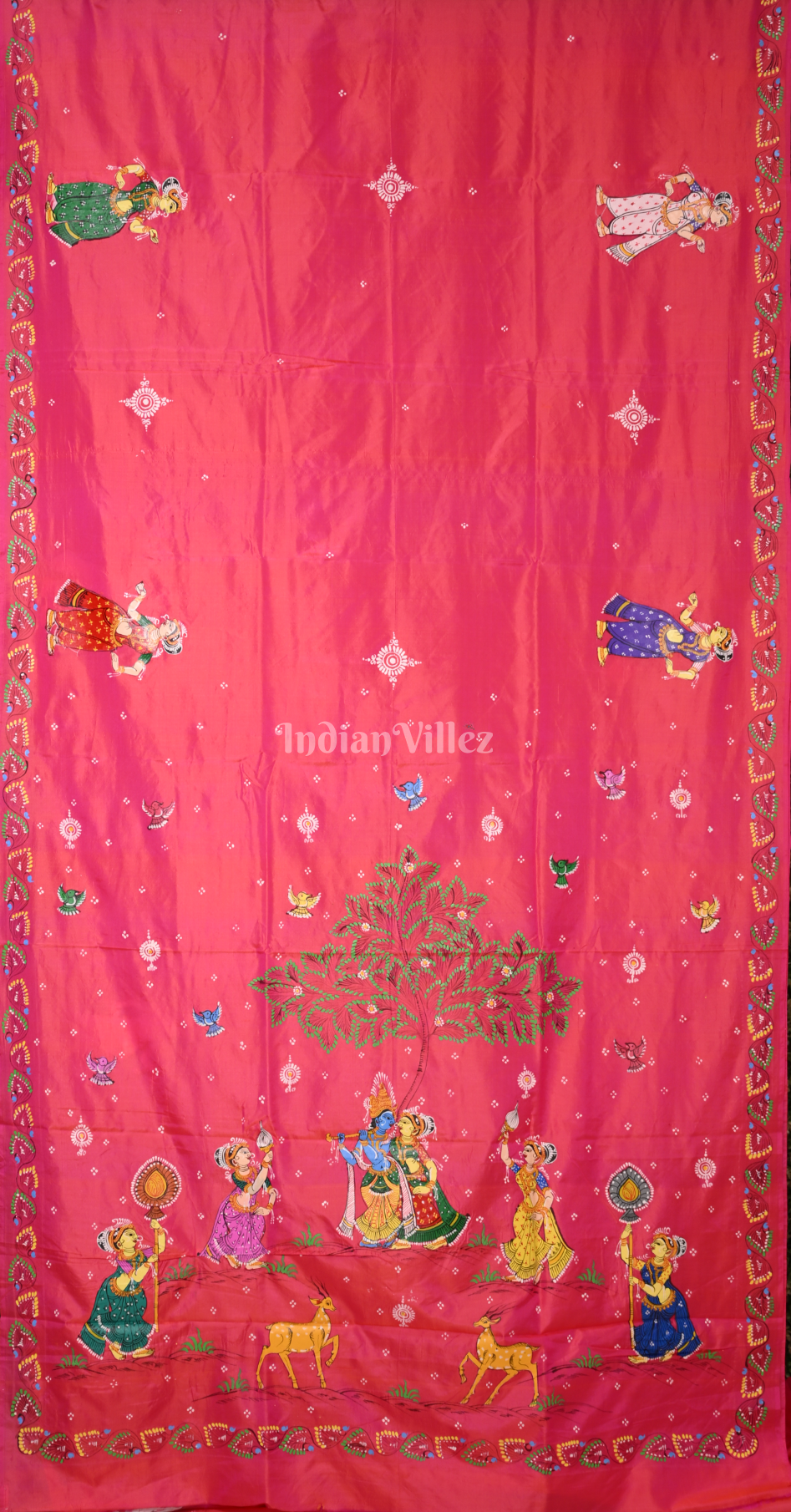 Rani Pink Krishna Raas Leela  Hand-Painted Pattachitra Saree 