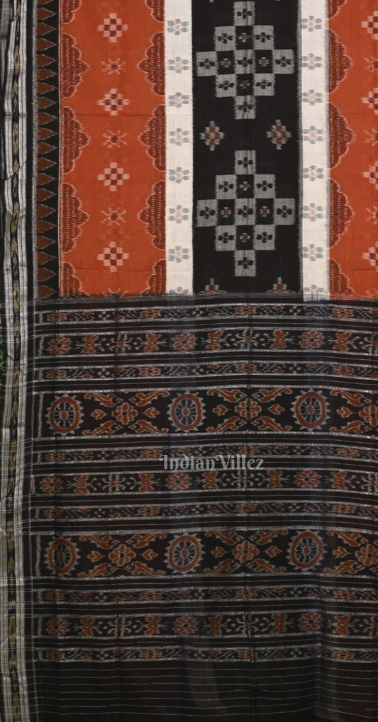 Rust Orange Black Pasapali Triple Layer Odisha Ikat Sambalpuri Cotton Saree 