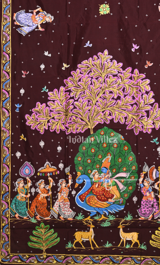 Maroon Peacock (Mayur) & Nartaki Theme  Hand-Painted Pattachitra Saree