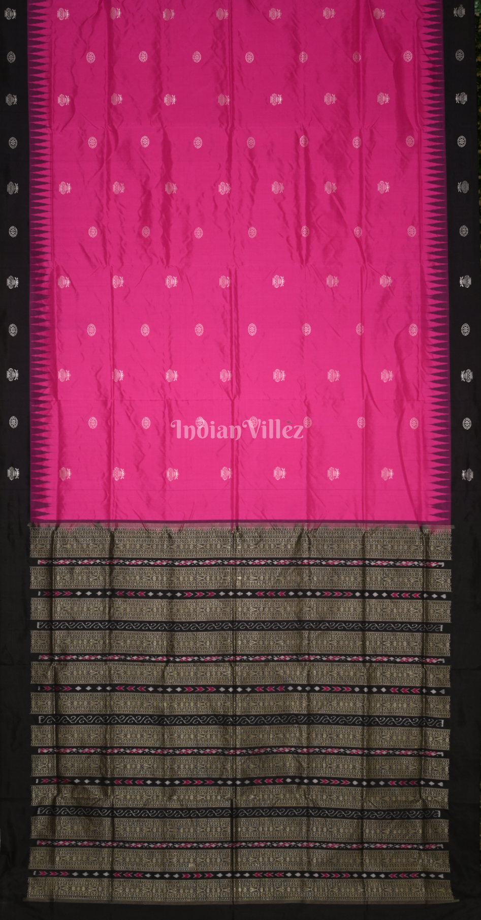 Pink Black Kalash Theme Odisha Ikat Bomkai Sambalpuri Silk Saree 