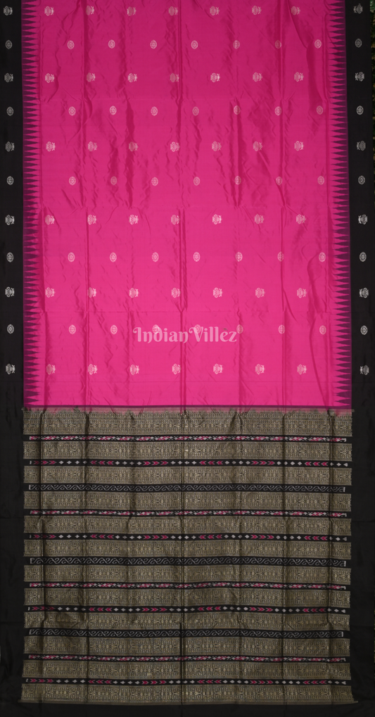 Pink Black Kalash Theme Odisha Ikat Bomkai Sambalpuri Silk Saree 