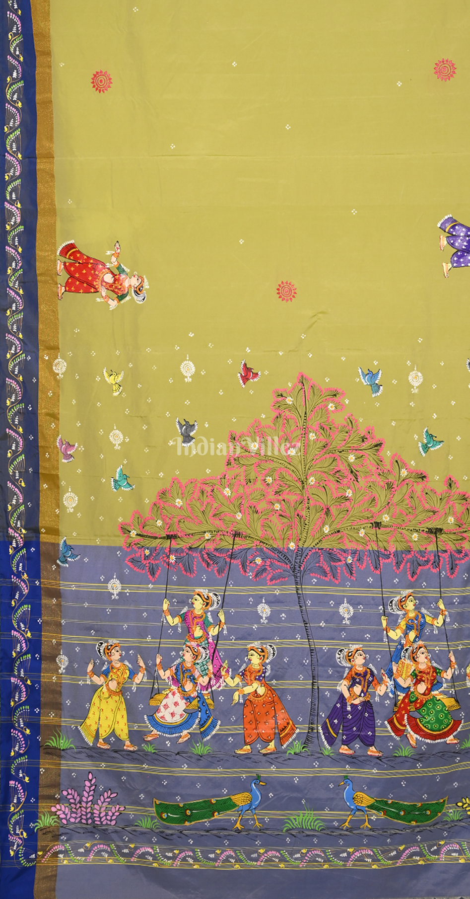 Lemon Green Raja Doli Theme Hand-Painted Pattachitra Saree 