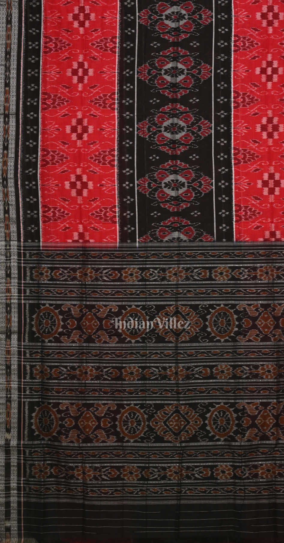 Red Black Pasapali Triple Layer Odisha Ikat Sambalpuri Cotton Saree 