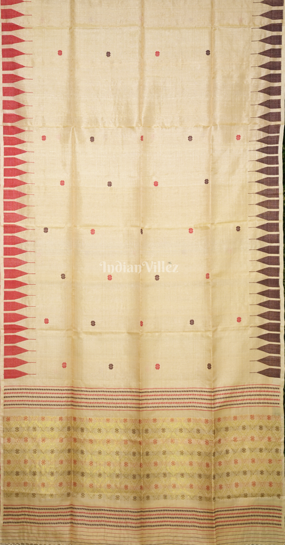 Beige with Red Coffee Buti Design Tussar Silk Jamdani Saree 