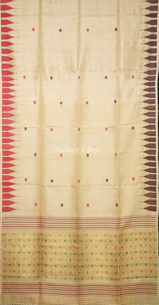 Beige with Red Coffee Buti Design Tussar Silk Jamdani Saree 