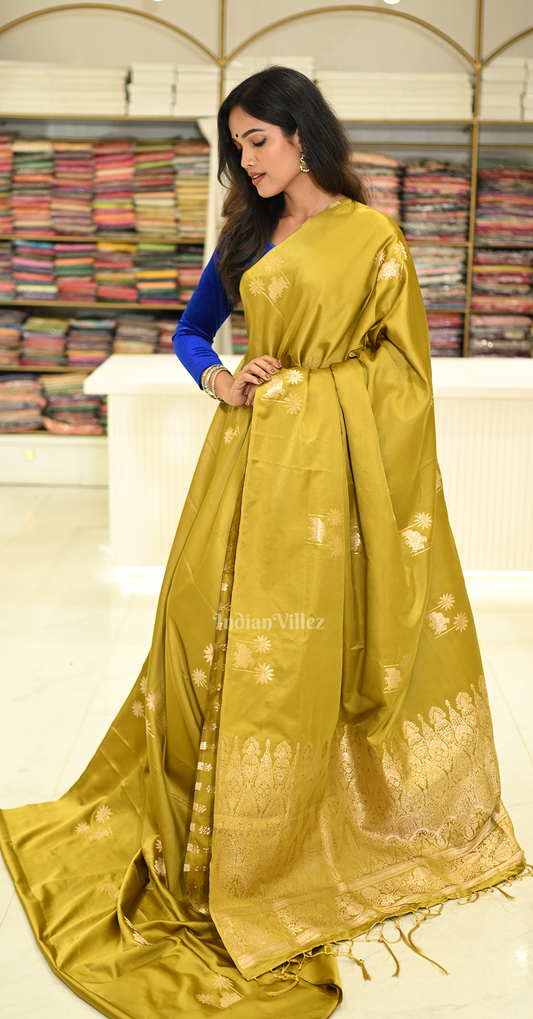 Mustard Yellow Mashru Satin Banarasi Silk Saree with Pichwai Motif
