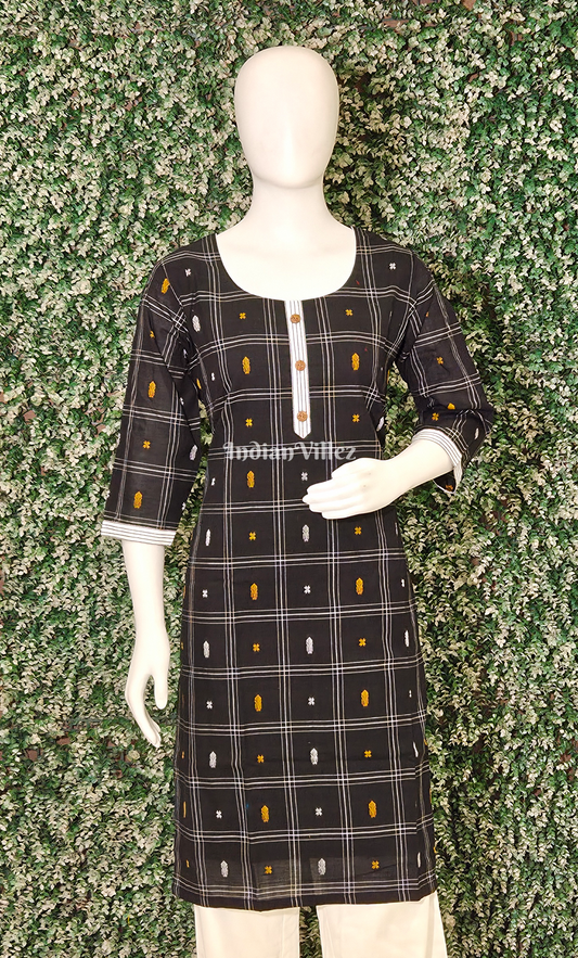 Black White Fish Motif Odisha Ikat Designer Cotton Kurti for Women 