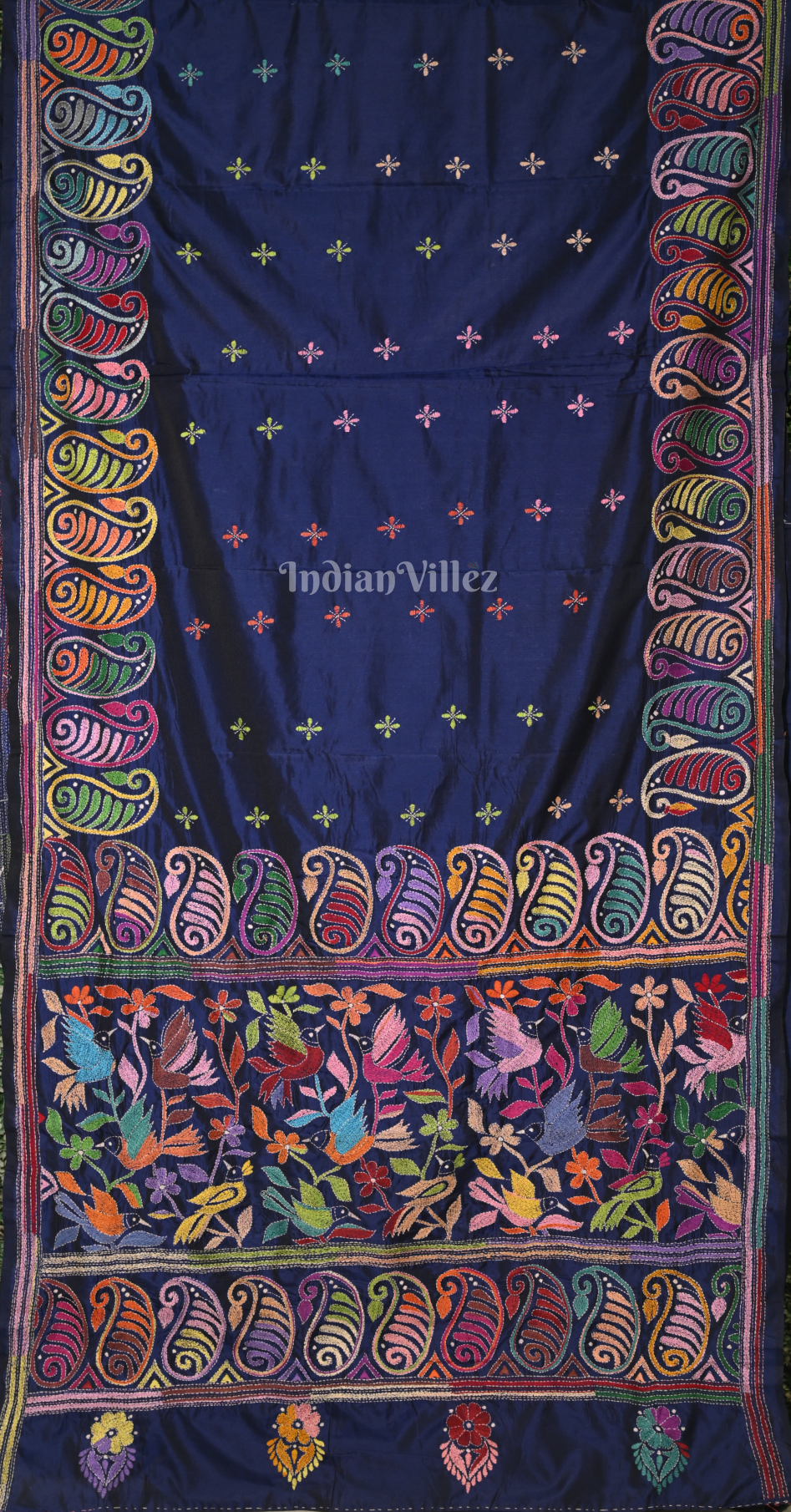 Royal Blue Floral Handwoven Kantha Stitch Silk Saree 