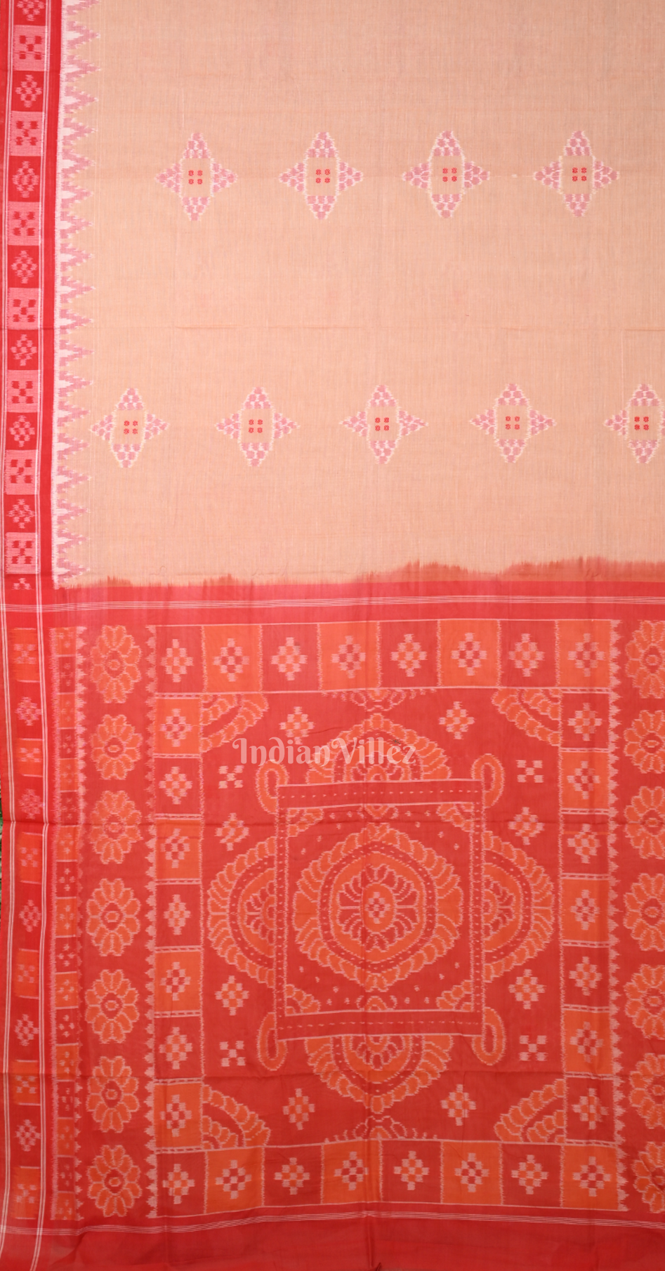 Peach Red Pasapali Border Odisha Ikat Sambalpuri Cotton Saree