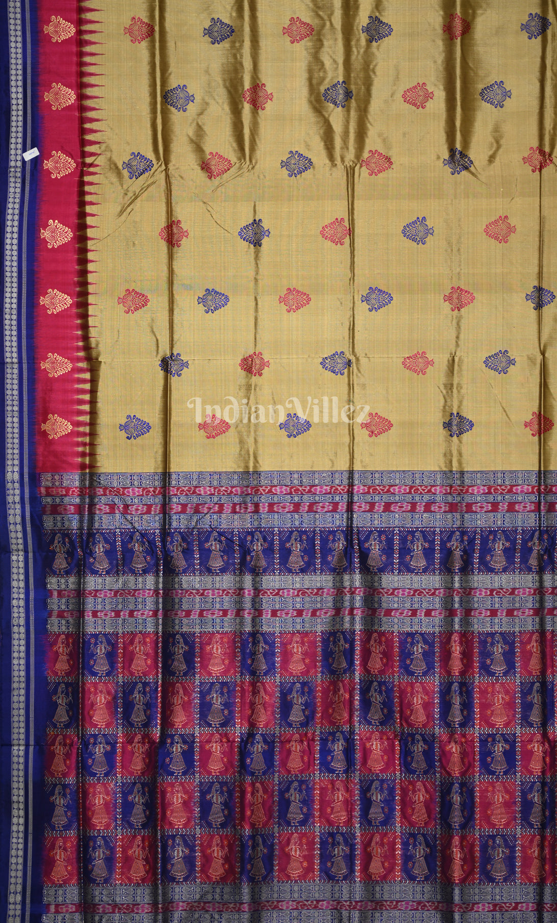 Beige Blue Odisha Ikat Bomkai Sambalpuri Silk Saree with Doll Aanchal 