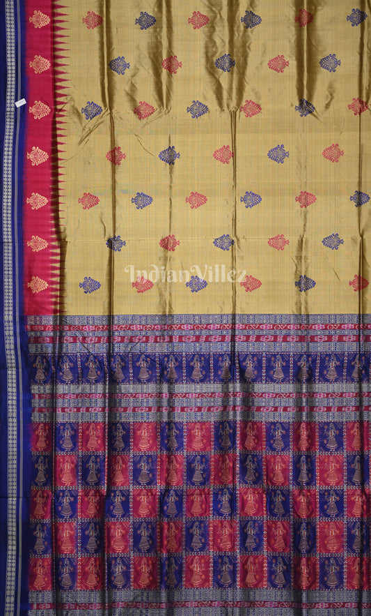 Beige Blue Odisha Ikat Bomkai Sambalpuri Silk Saree with Doll Aanchal 