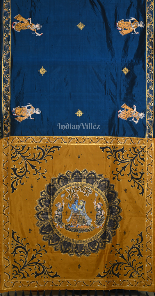 Blue Mustard Yellow Krishna Raas Hand-Painted Pattachitra Saree
