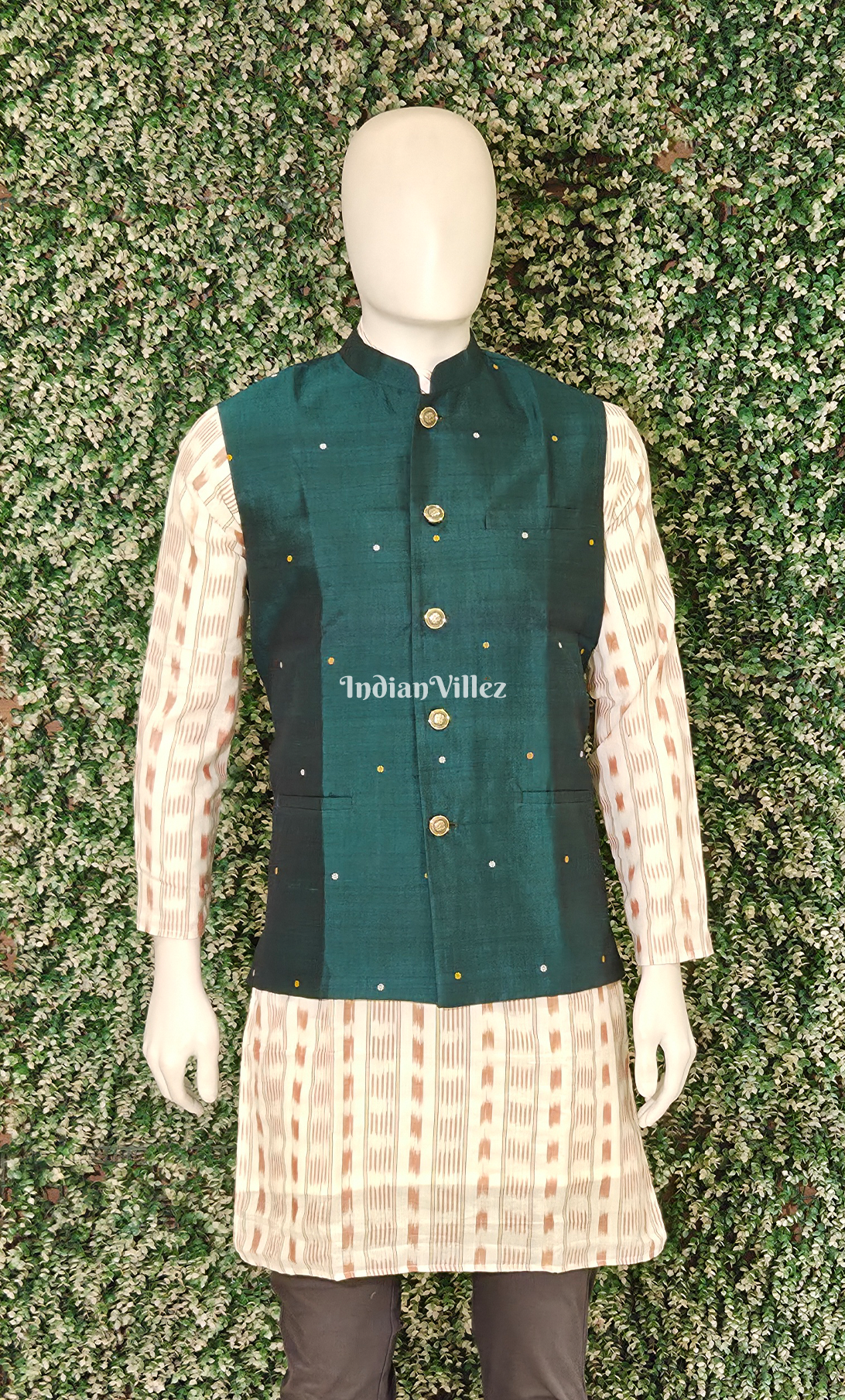 Teal Green Buti Design Odisha Ikat Half Bandi Jacket for Men