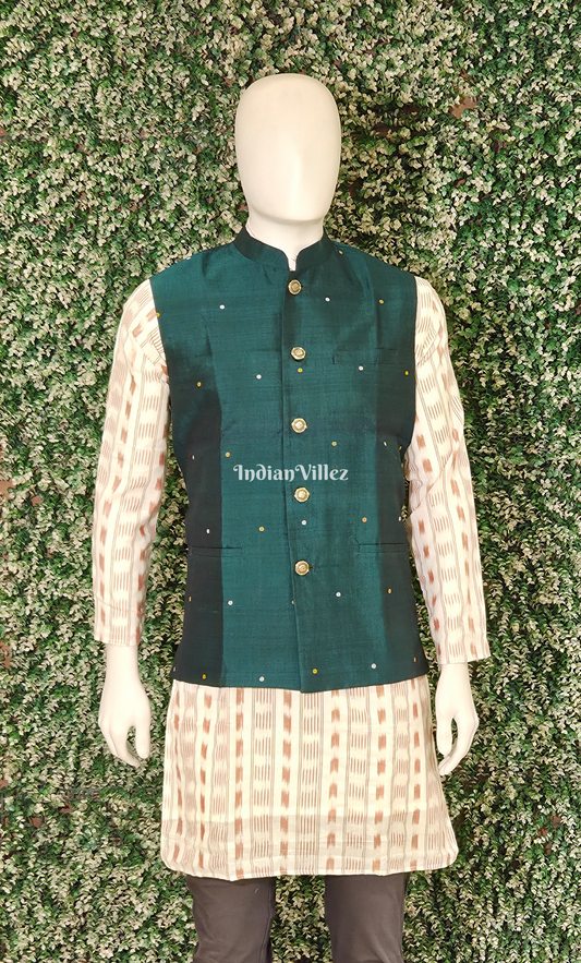 Teal Green Buti Design Odisha Ikat Half Bandi Jacket for Men