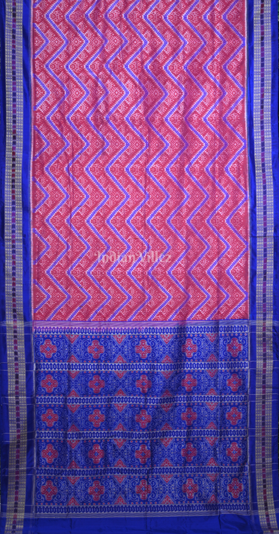 Red Blue Tribal Motif Odisha Ikat Sambalpuri Silk Saree with Double Blouse Piece