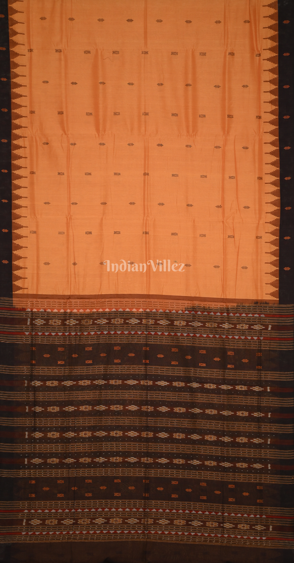 Rust Orange Black Fish Motif Odisha Ikat Bomkai Cotton Saree 