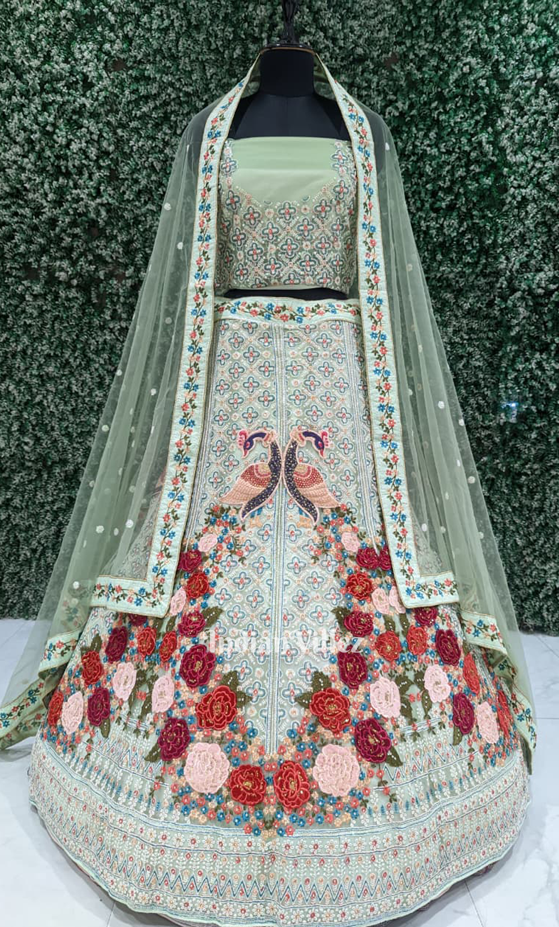 Mint Green Floral & Peacock Embroidery Lehenga Choli with Dupatta