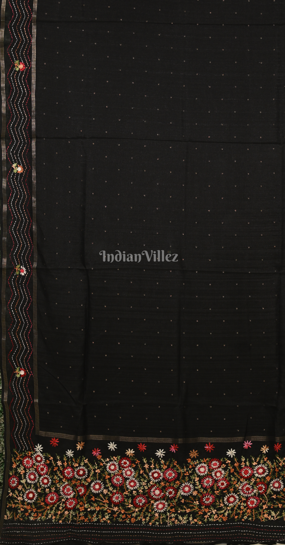 Black Tussar Silk Saree with Floral Embroidery Work