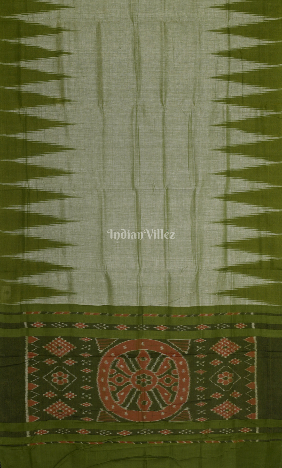 Grey Lime Green Kargil Kumbha Maniabandha Cotton Saree