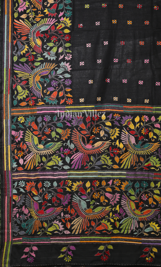 Black Flower Motif Handwoven Kantha Stitch Silk Saree 