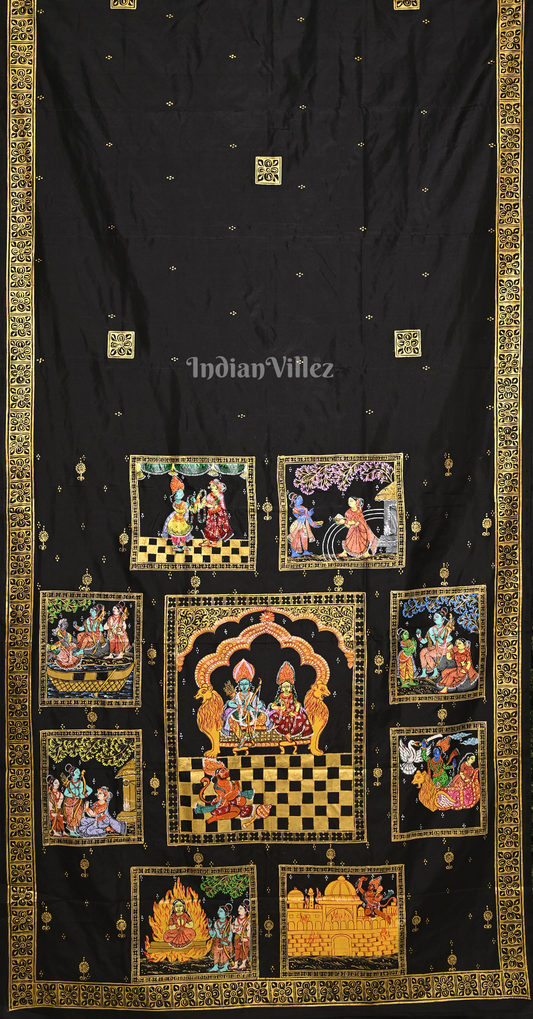 Black Ramayan Theme Hand-Painted Pattachitra Saree