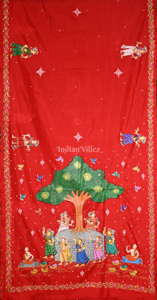 Red Vat Sabitri Theme Hand-Painted Pattachitra Saree