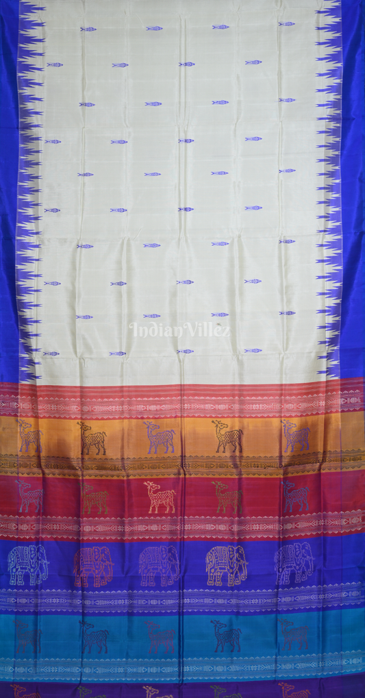 White Blue Fish Motif Double Pallu Berhampuri Silk Saree 