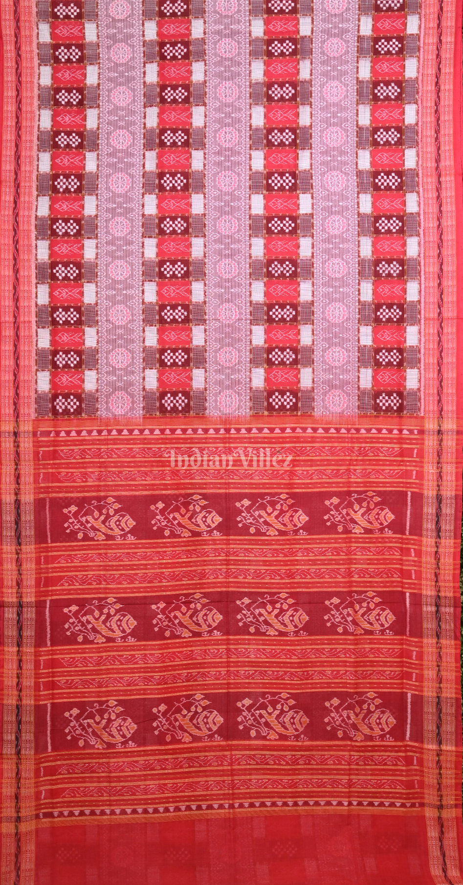 Red Maroon Pink Pasapali Triple Layer Odisha Ikat Sambalpuri Cotton Saree