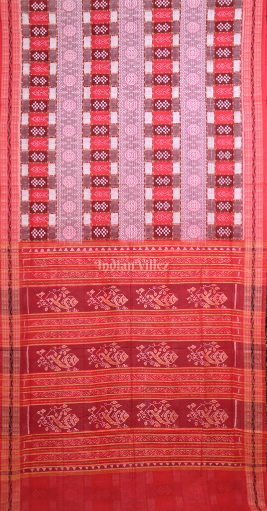 Red Maroon Pink Pasapali Triple Layer Odisha Ikat Sambalpuri Cotton Saree